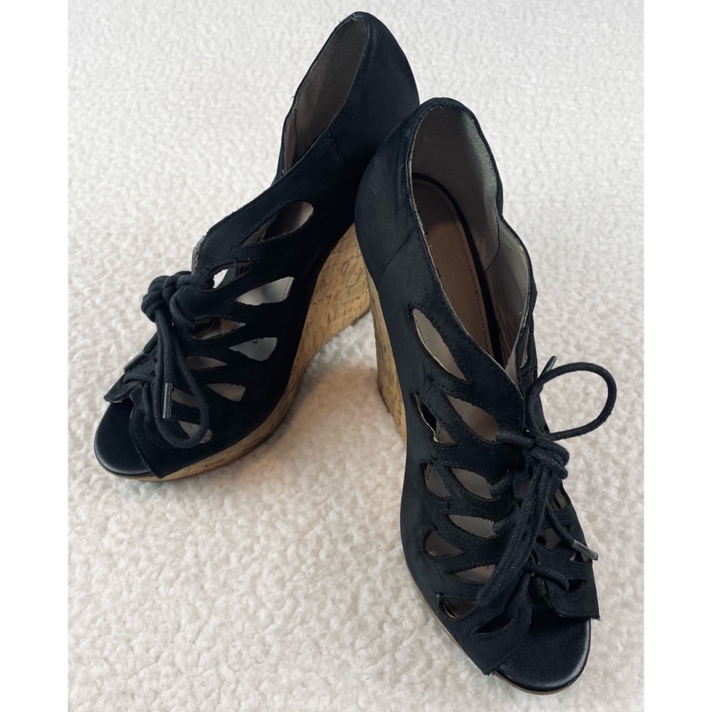 HINGE • Lea Black Suede Leather Lace-Up Cork Sandal Wedges, 8 - Picture 16 of 16